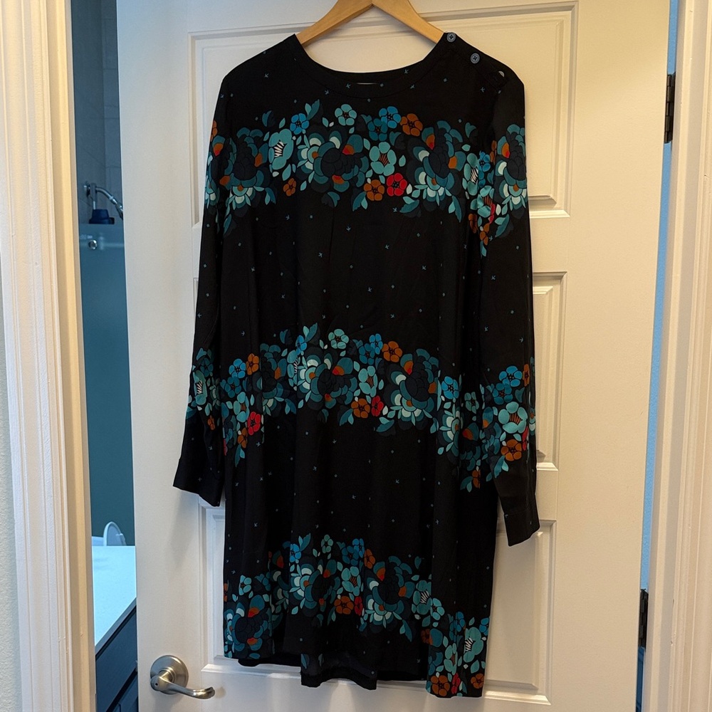 LOFT Black Dress with Teal and Red Floral Design